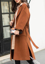 2019 plus size medium length coat Notched coat brown tie waist side open Woolen Coat Women - SooLinen