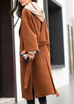 2019 plus size medium length coat Notched coat brown tie waist side open Woolen Coat Women - SooLinen