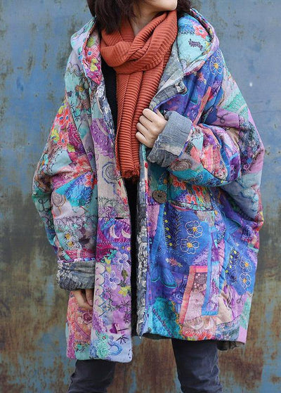 2019 purple prints overcoat oversized warm winter coat hooded patchwork overcoat - SooLinen