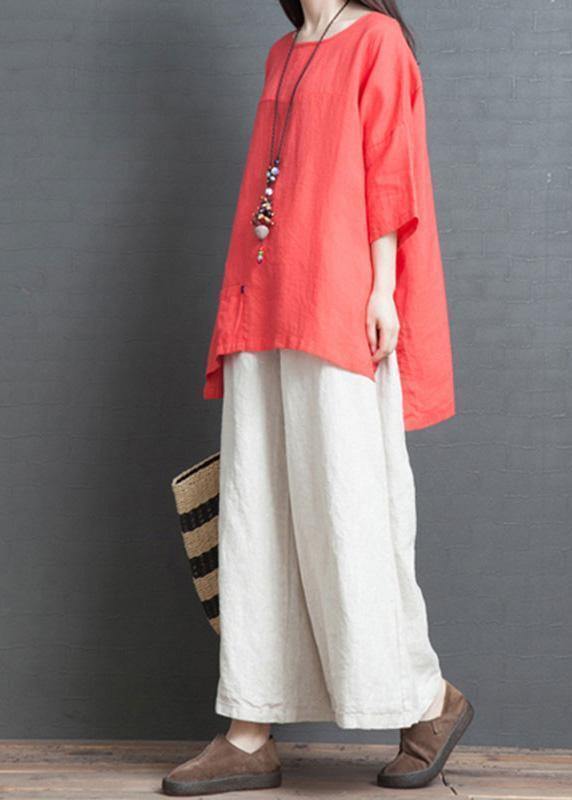 2019 red cotton casual low high design t shirt and white wide leg pants two pieces - SooLinen