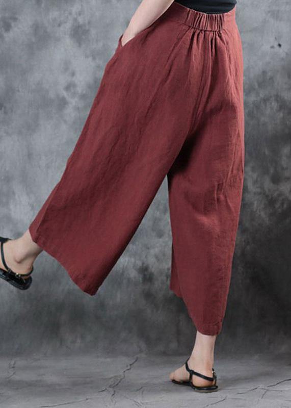 2019 red loose linen pants fall women pockets wide leg pants - SooLinen