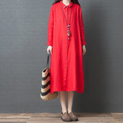 2019 spring new red linen shirt dress casual plus size long sleeve maxi dress