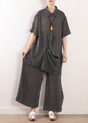 2019 summer new black loose chiffon shirt and casual wide leg pant two pieces
