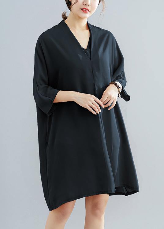 2019 summer new chiffon v neck women half sleeve black dress - SooLinen