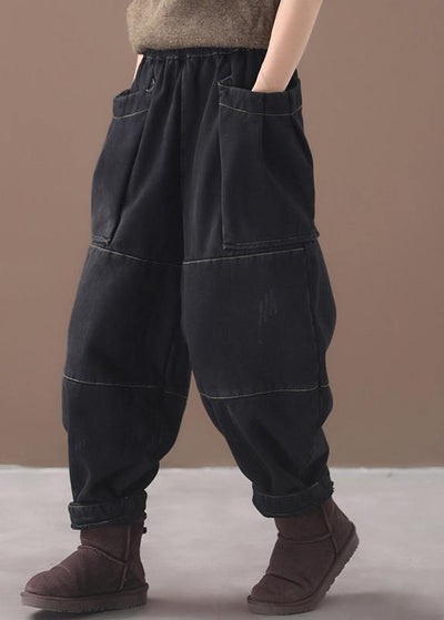 2019 winter black patchwork cotton pants two pockets thick denim pants - SooLinen