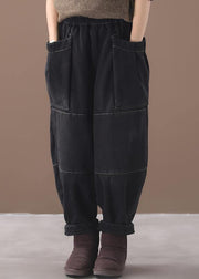 2019 winter black patchwork cotton pants two pockets thick denim pants - SooLinen