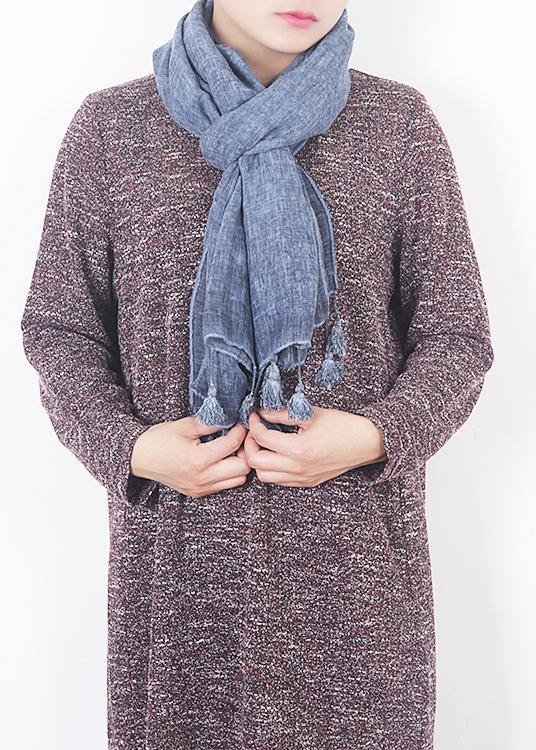 2019 winter blue women vintage scarf tassel cotton linen long scarfes - SooLinen