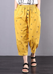 2019 yellow embroidery loose elastic waist pants - SooLinen
