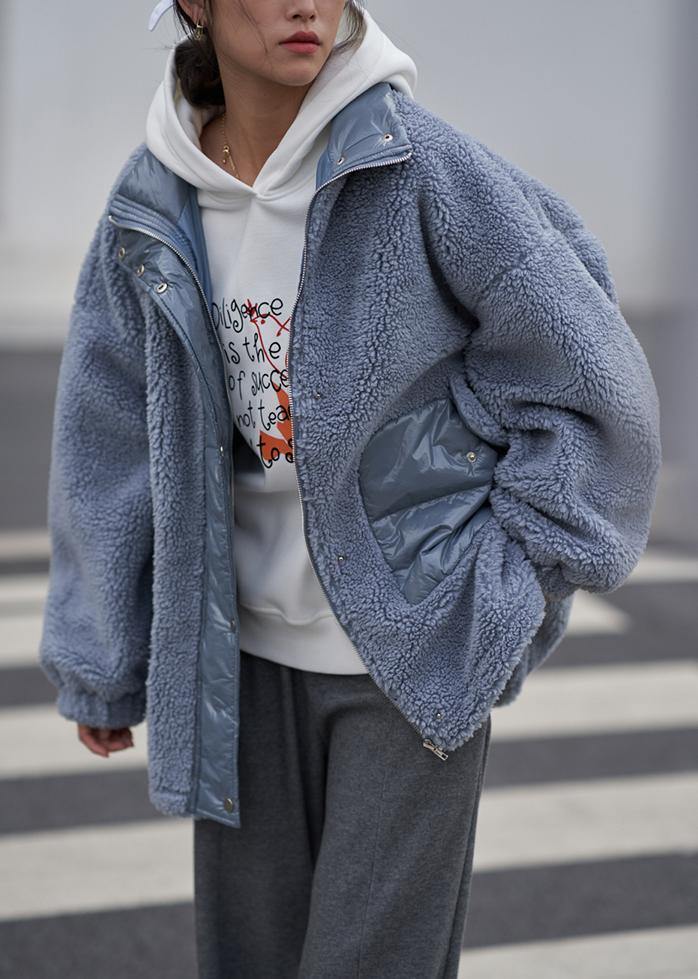 2021 Loose jacket blue stand collar patchwork Woolen Coat Women - SooLinen