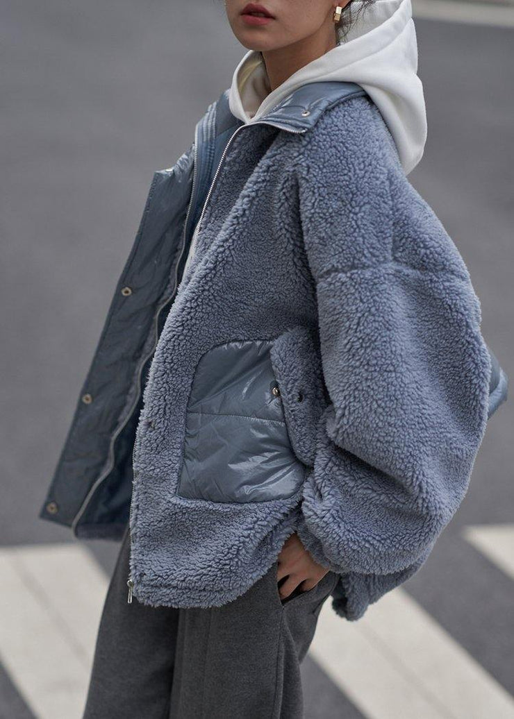 2021 Loose jacket blue stand collar patchwork Woolen Coat Women - SooLinen