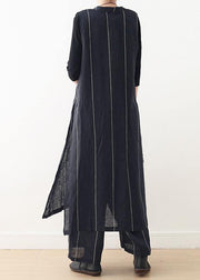 2021 Original Design Dark Blue Striped Cotton Linen Long Cardigan Wide Leg Pants Two Piece Set - SooLinen