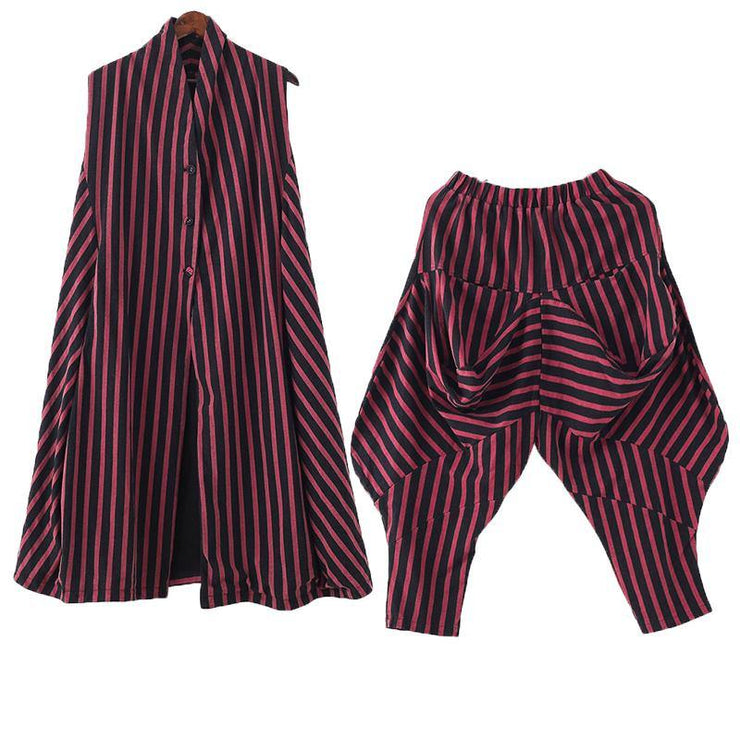 2021 autumn and winter new style leisure long red striped waistcoat waist waist pants suit - SooLinen