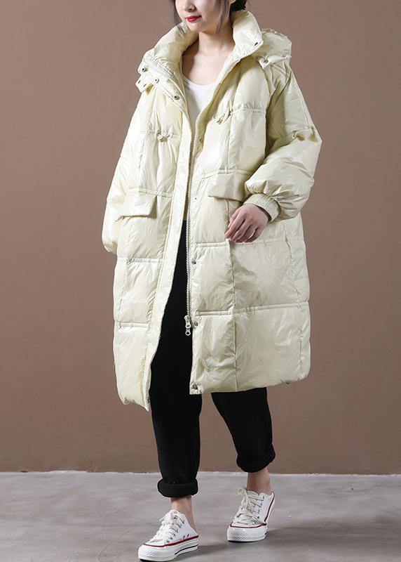 2021 beige down jacket woman Loose fitting winter jacket hooded pockets zippered Fine winter outwear - SooLinen