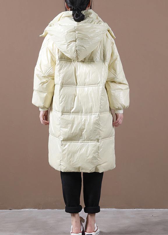 2021 beige down jacket woman Loose fitting winter jacket hooded pockets zippered Fine winter outwear - SooLinen