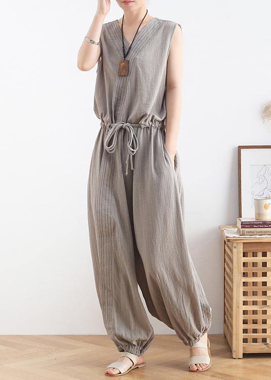 2021 lace-up waist light gray wide leg jumpsuit female summer cotton and linen jumpsuit - SooLinen