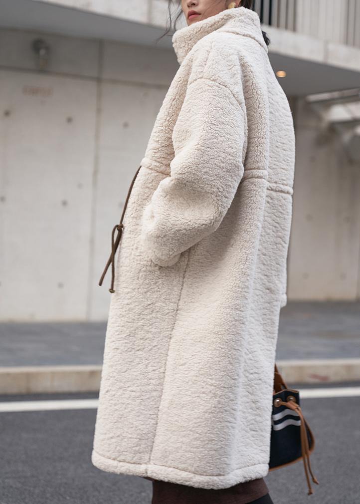 2021 nude Woolen Coats plus size winter coat high neck drawstring jackets - SooLinen