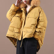 2021 plus size down jacket coats yellow faux fur collar drawstring duck down coat - SooLinen
