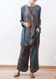 2021 spring new two pieces blue print literary retro thin section chiffon wide-leg pants - SooLinen