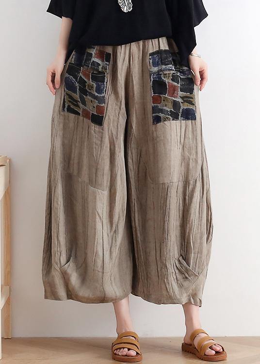 2021 summer original design linen nude patch retro wide-leg pants - SooLinen