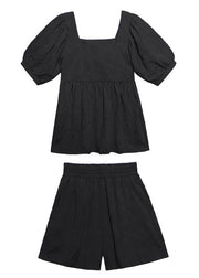 2021 women's summer fashion western style bubble sleeve black top and shorts two-pieces - SooLinen