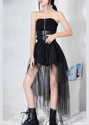 2021 Black Breast Wrapping + Tulle Asymmetrical design skirt Two Piece Set - SooLinen