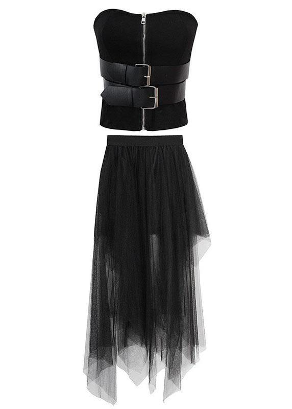 2021 Black Breast Wrapping + Tulle Asymmetrical design skirt Two Piece Set - SooLinen