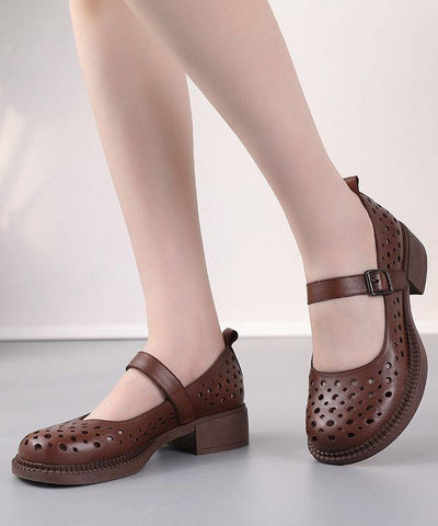 2021 Chocolate Hollow Out Flat Feet Shoes Genuine Leather - SooLinen