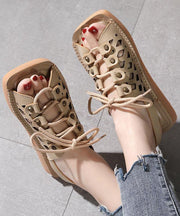 2021 Chocolate Lace Up Flat Sandals Cowhide Leather - SooLinen