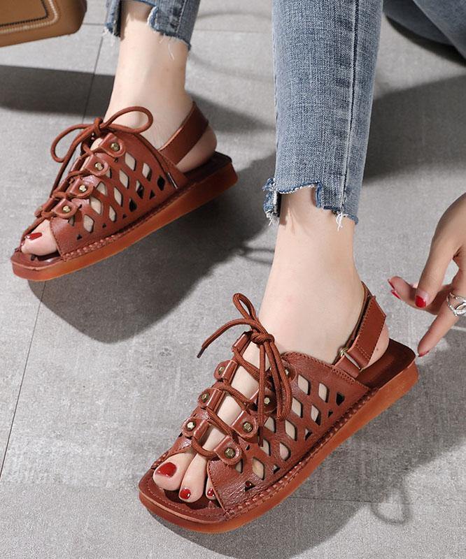 2021 Chocolate Lace Up Flat Sandals Cowhide Leather - SooLinen