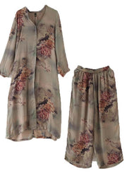 2021 Spring Loose Print Silk Satin Split Long Sleeve Shirt + Wide Leg Pants - SooLinen