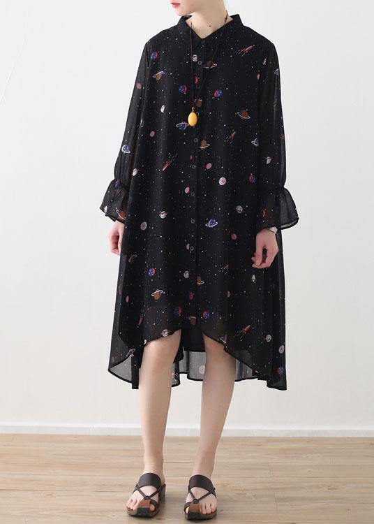 2021 Spring Summer Black Chiffon Flared Sleeve Floral Dress - SooLinen