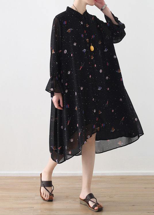 2021 Spring Summer Black Chiffon Flared Sleeve Floral Dress - SooLinen