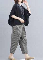 2021 Summer Black Linen Bat Short Sleeve Top + Stripe Nine Point Harlem Pants - SooLinen