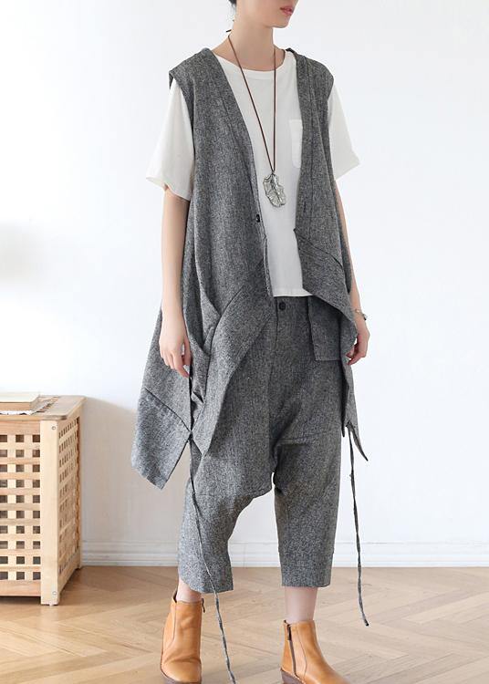 2021 Summer Grey Asymmetrical Cotton sleeveless Cardigans - SooLinen