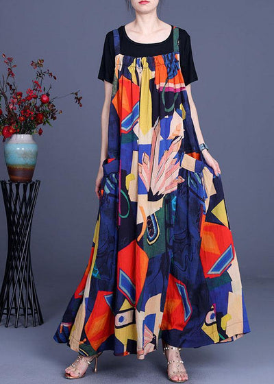 2021 Summer Printed Dress Rayon Irregular Suspender Skirt + Black T-Shirt Two Piece Set - SooLinen