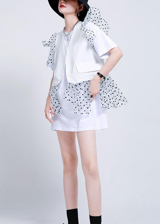 2021 summer two piece dress with white lace and ruffle waistcoat - SooLinen