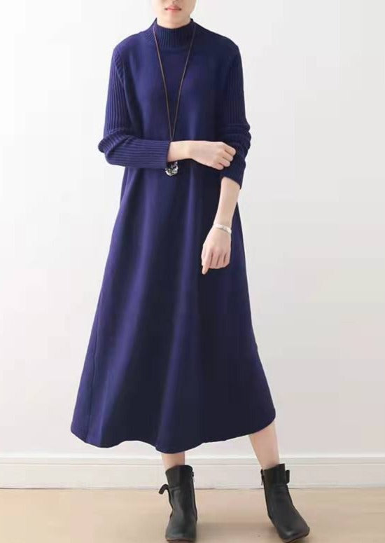 2024 winter Blue long maxi dresses plus size cotton winter dresses warm woolen dress