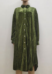 2024 Womens Ins Temperament Skirt Fashion Button Long Seeve Shirt Dress Green