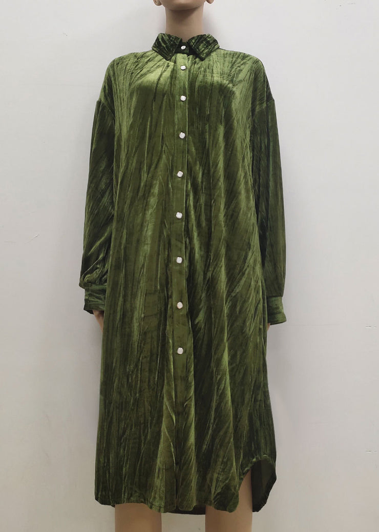 2024 Womens Ins Temperament Skirt Fashion Button Long Seeve Shirt Dress Green