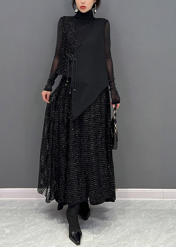 2024 Autumn New Black Fashion Sleeveless Vest And Skirts Two Piece Set