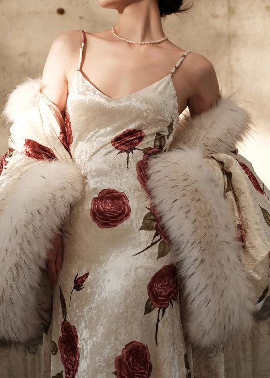 2023 Autumn New Sexy Rose Print Fur collar Silk Dress Two Piece Set