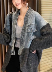2023 Autumn Winter New Loose Fit Denim Spliced Knitted Cardigan Coat