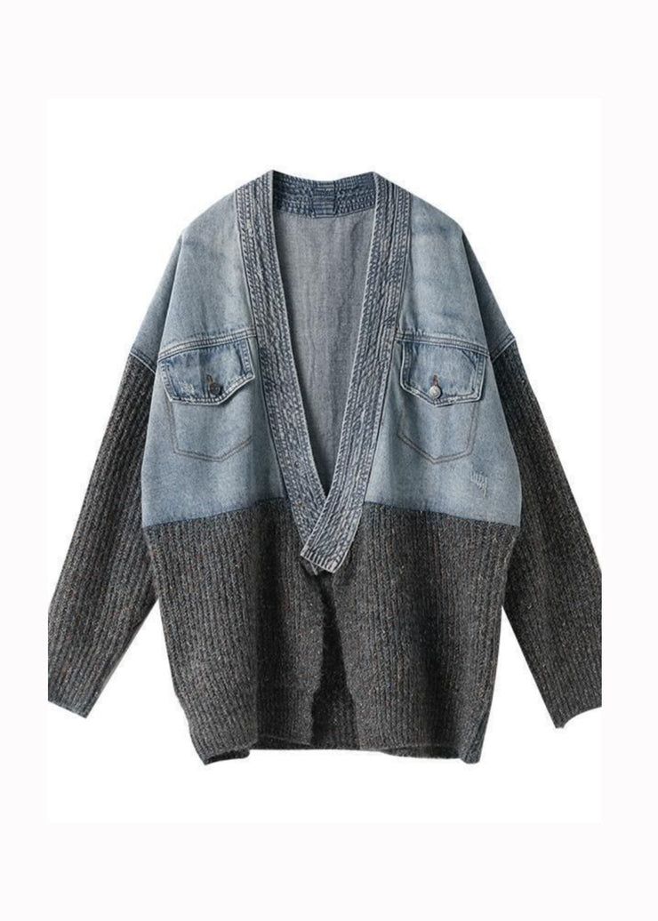 2024 Autumn Winter New Loose Fit Denim Spliced Knitted Cardigan Coat