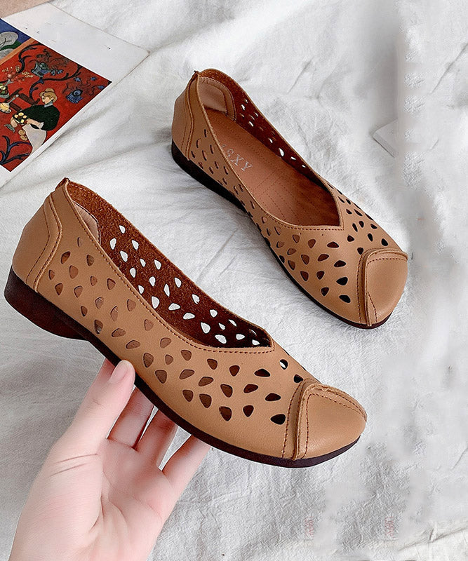 2024 Brown Cowhide Flat Feet Shoes Hollow Out Flat Shoes