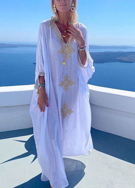 2023 Elegant Gold Embroidered Kaftan Retro V Neck White Dress
