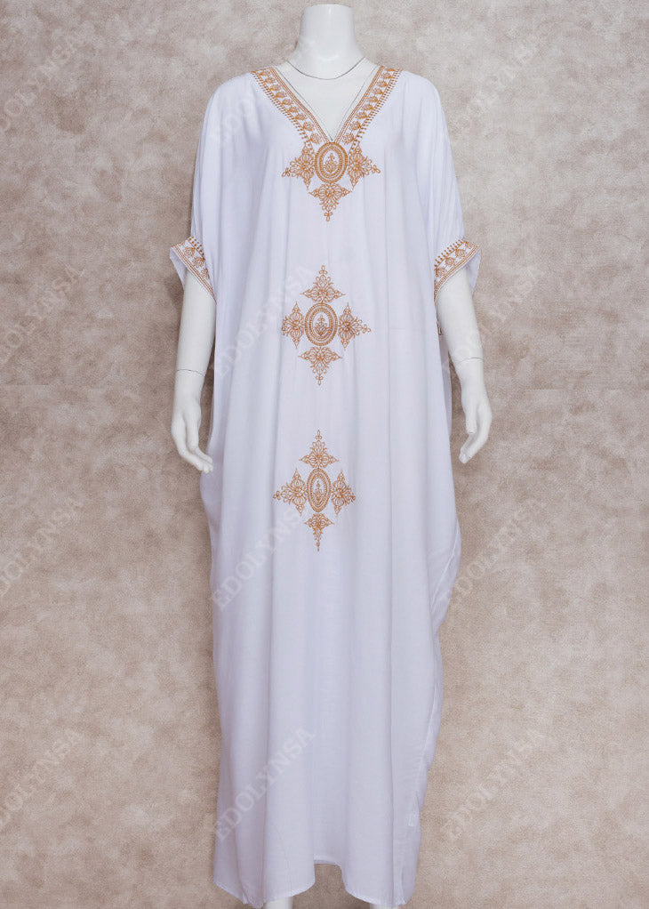 Elegant Gold Embroidered Kaftan Retro V Neck White Dress