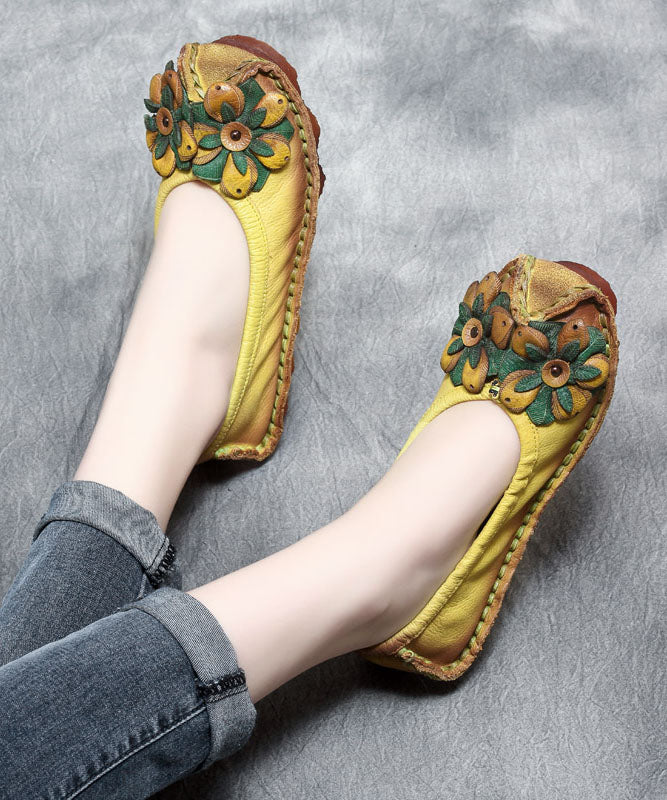 2023 Floral Splicing Flat Shoes Yellow Cowhide Leather