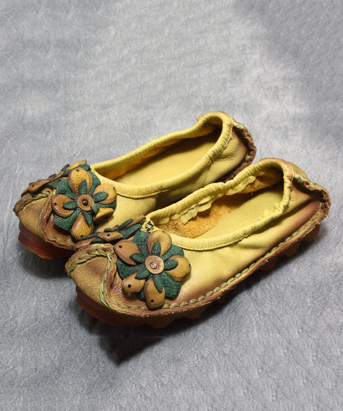 2023 Floral Splicing Flat Shoes Yellow Cowhide Leather