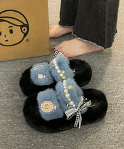 2023 New Khaki Nail Bead Bow Platform Teddy Slide Sandals