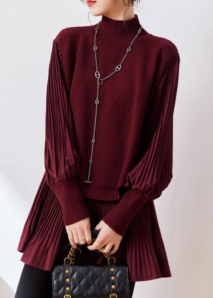 2024 New Wine Red Half High Neck Knitted Spliced Fake Two Piece Sweater Winter